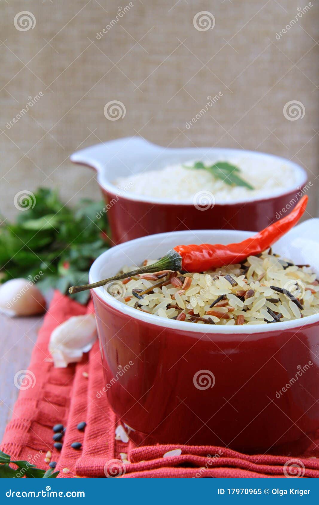 Bowls of Uncooked Rice and Chili Peppers Stock Image Image of food