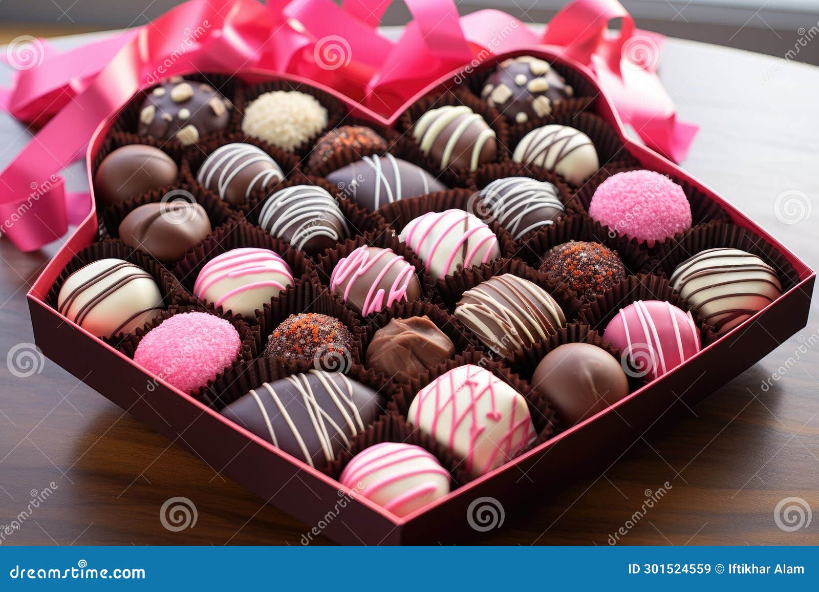 box of assorted chocolates with pink ribbon on a wooden table, a box of assorted valentine's day chocolates, ai generated