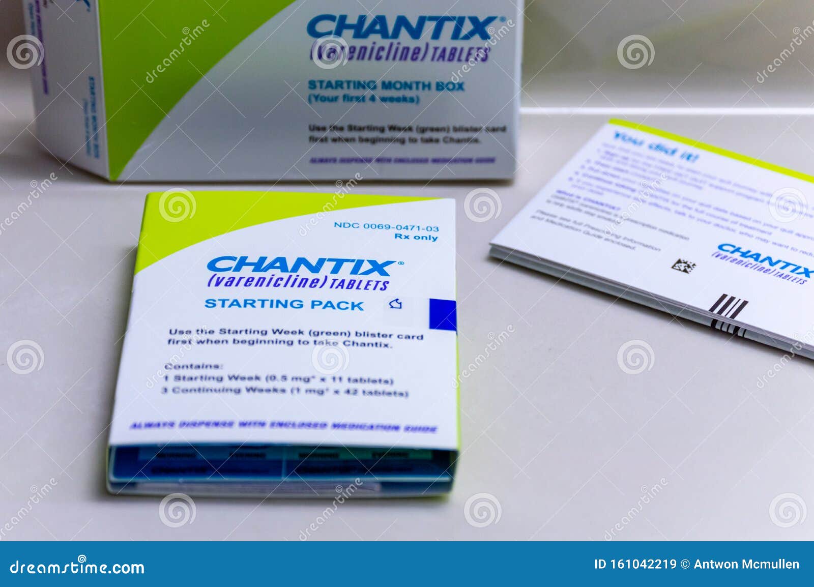 A Box of Chantix Medication with Guides and Warnings on a Counter