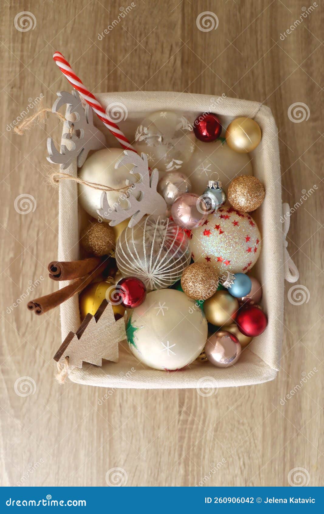Box of Christmas Decorations Stock Photo Image of candy, desk 260906042 Box Of Christmas Decorations
