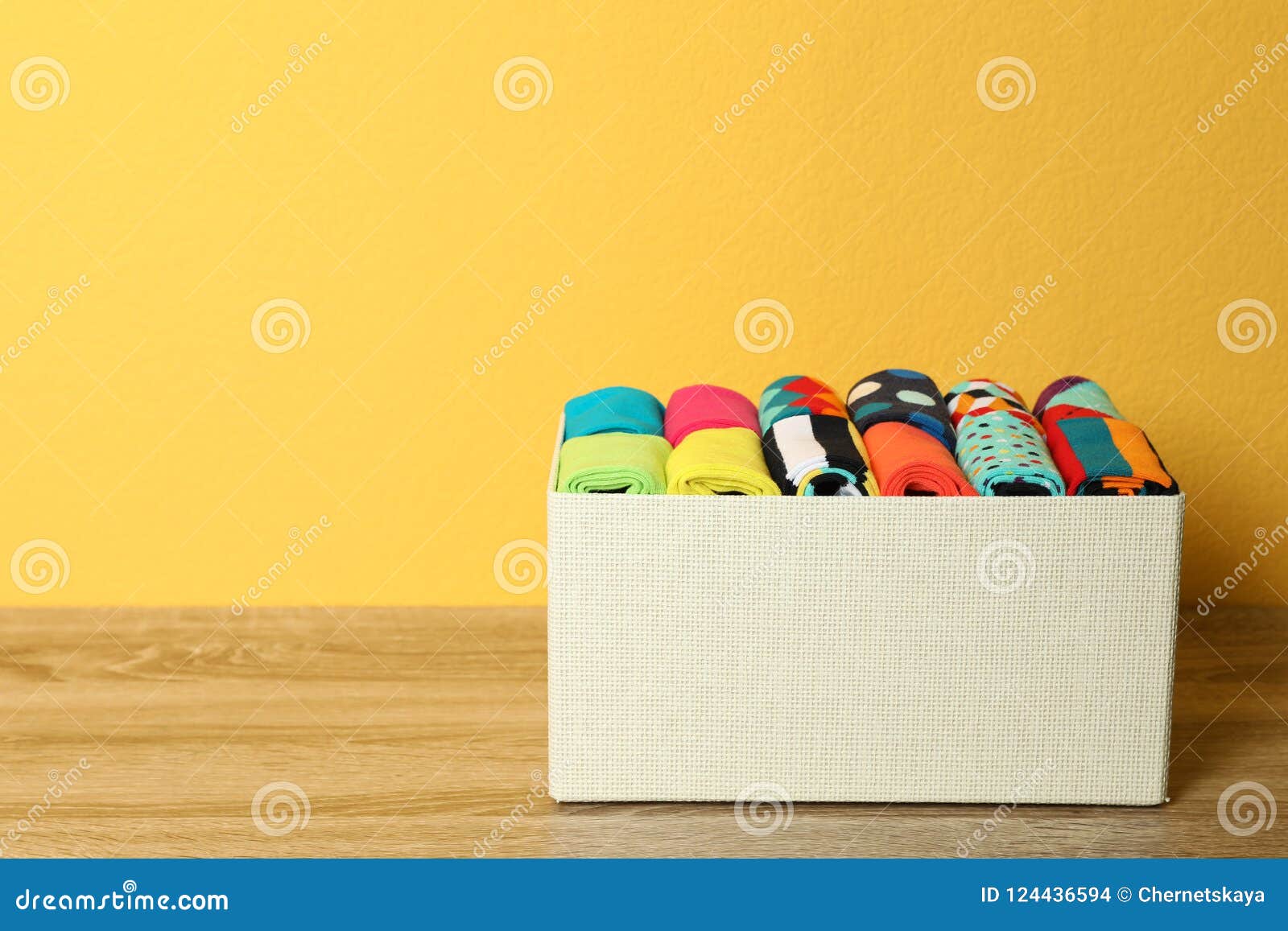 Box with Colorful Socks on Wooden Table Stock Photo - Image of clean ...