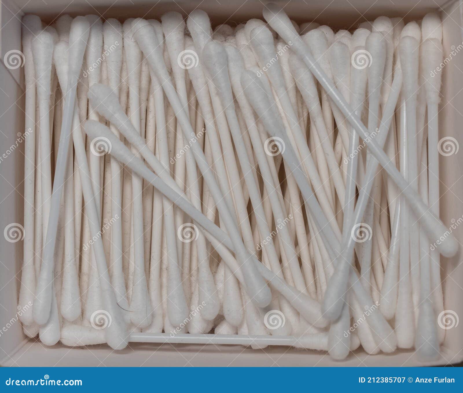 box with cotton buds viewed from above, used to clean noses, ears and other orifices. used style of a box, with swabs lying inside