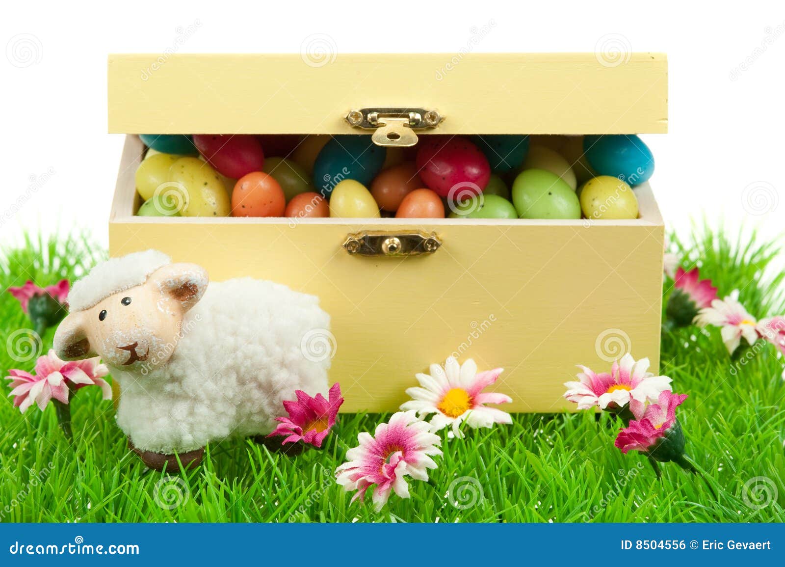 Box of Easter Eggs and Cute Sheep Stock Photo Image of easter, candy 8504556