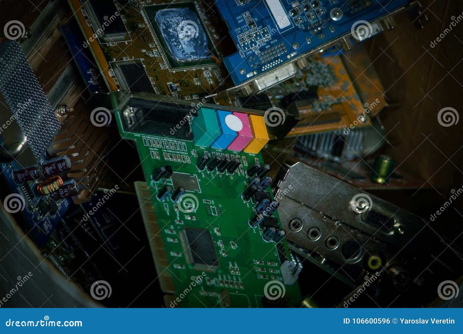 Box with Electronic Circuit Boards Stock Photo Image of card