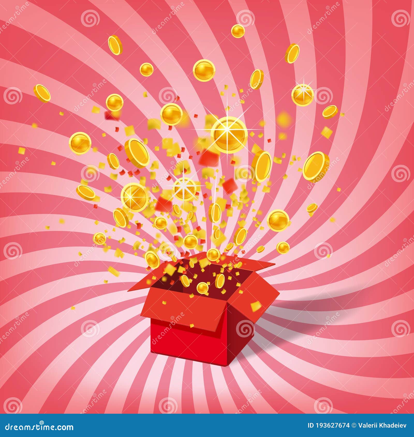 box with coins exploision, blast. open red gift box and confetti. win, casino, lottery, quiz. spiral stripes background
