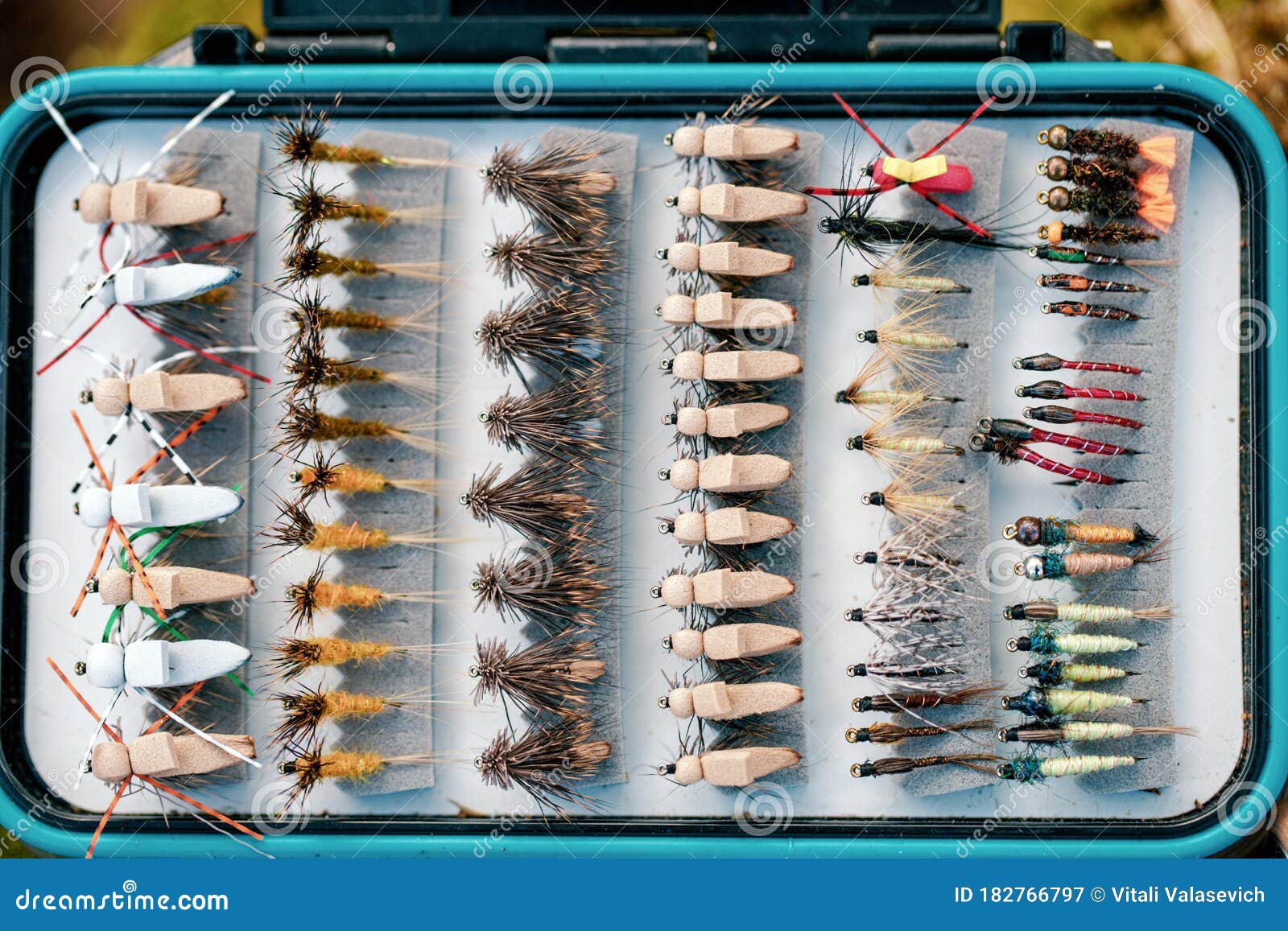 Box with Fly Flies. Fly Fishing Stock Image - Image of tackle, river:  182766797