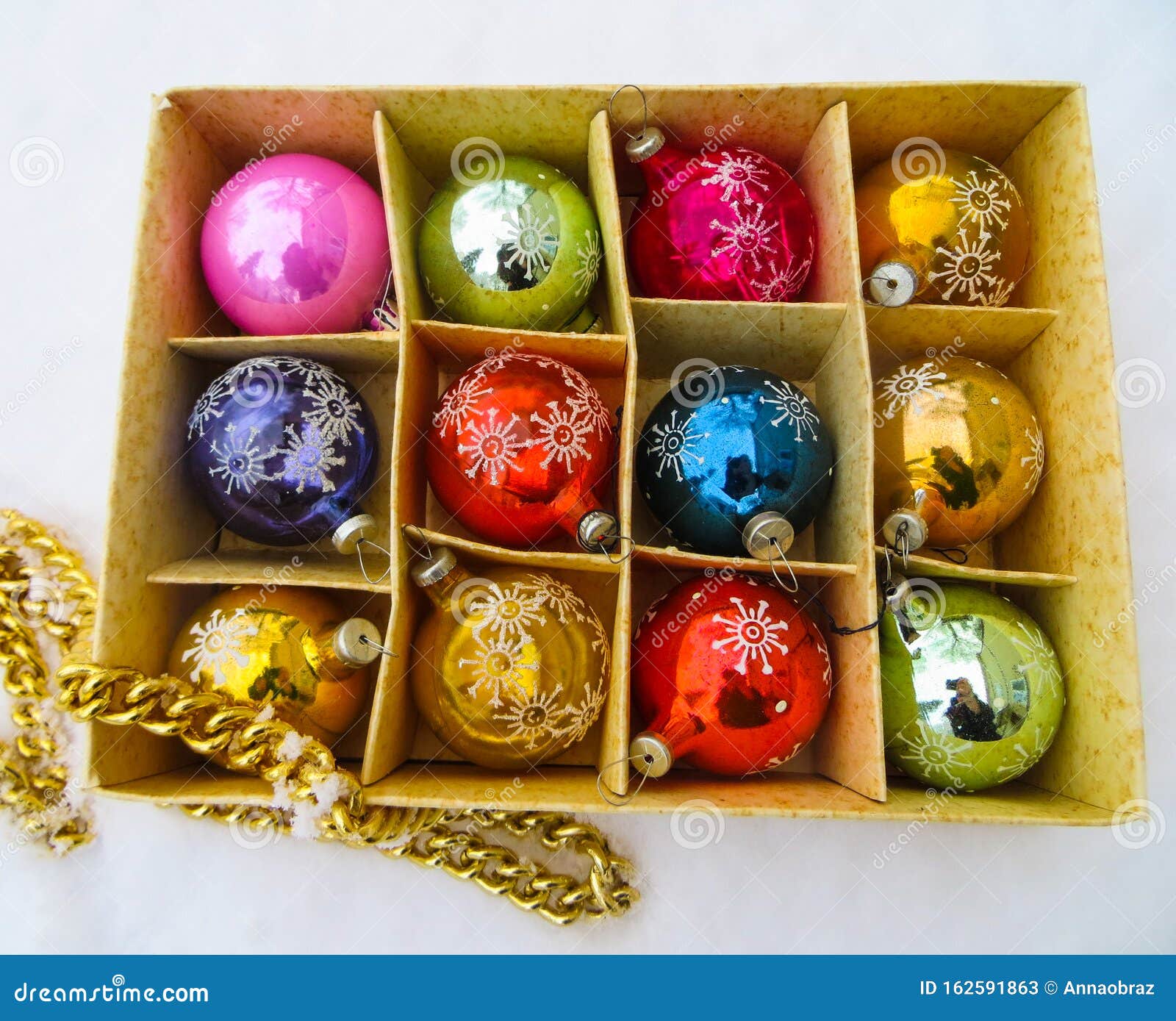 Box with Old Christmas Balls in the Snow Stock Image Image of