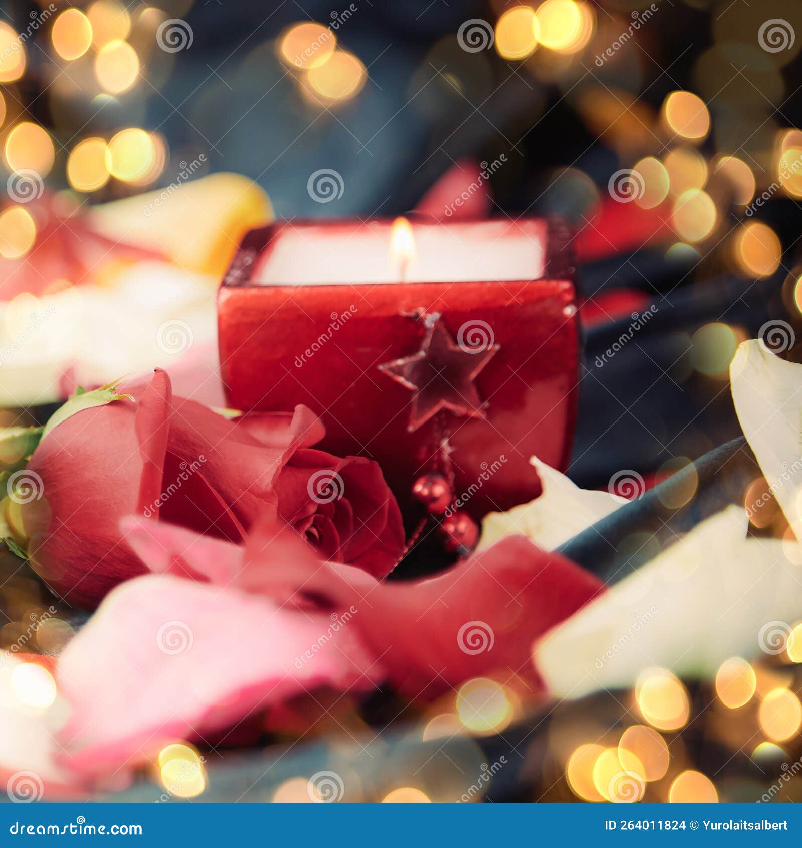 Box with Ring and Rose Petals in Black Silk Background. Beautiful Bokeh ...