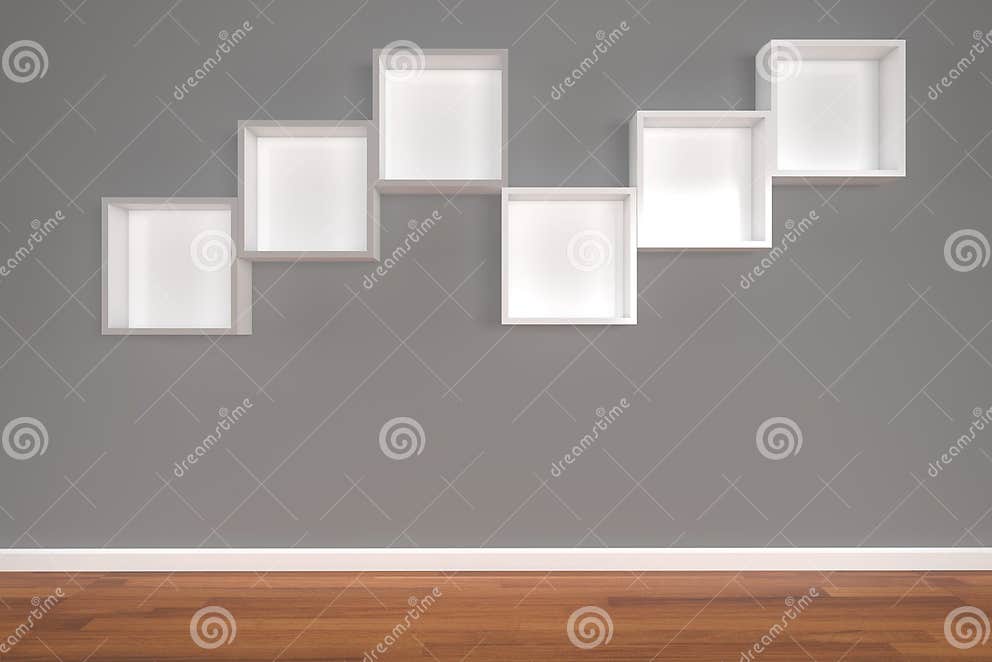 Box Shelves on gray wall stock illustration. Illustration of blank