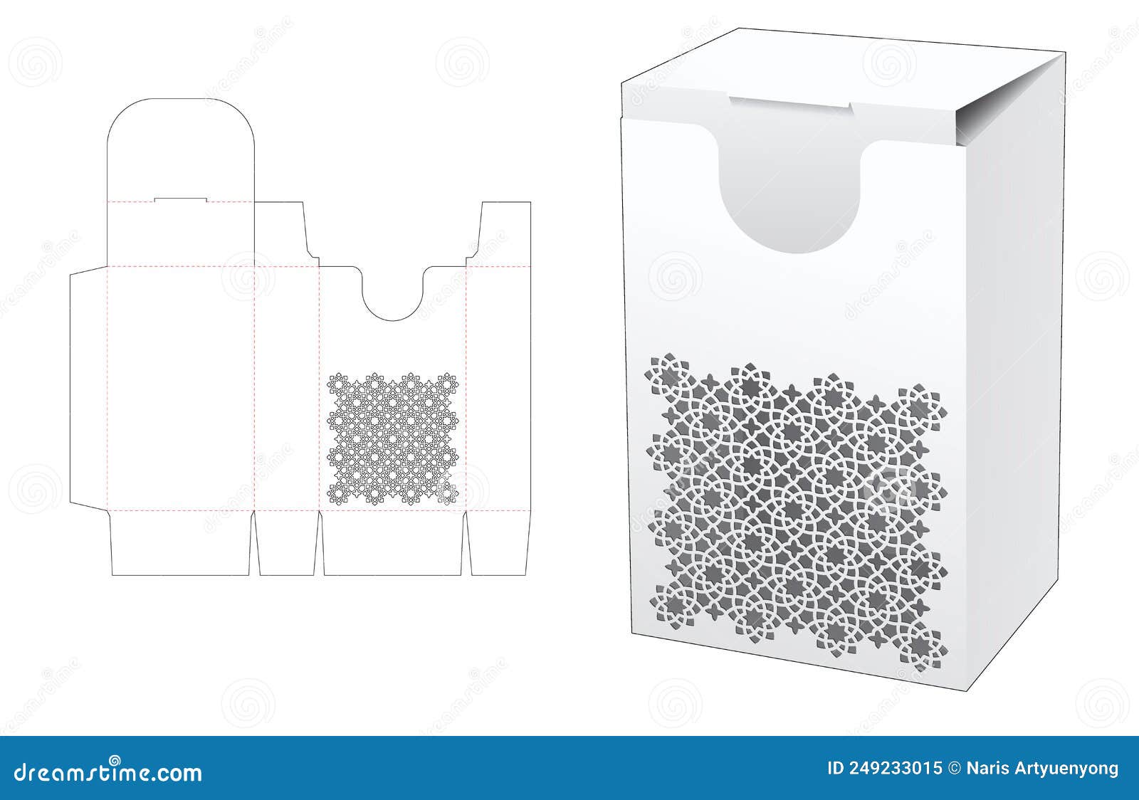 Box with Stenciled Arabic Pattern Window Die Cut Template and 3D Mockup