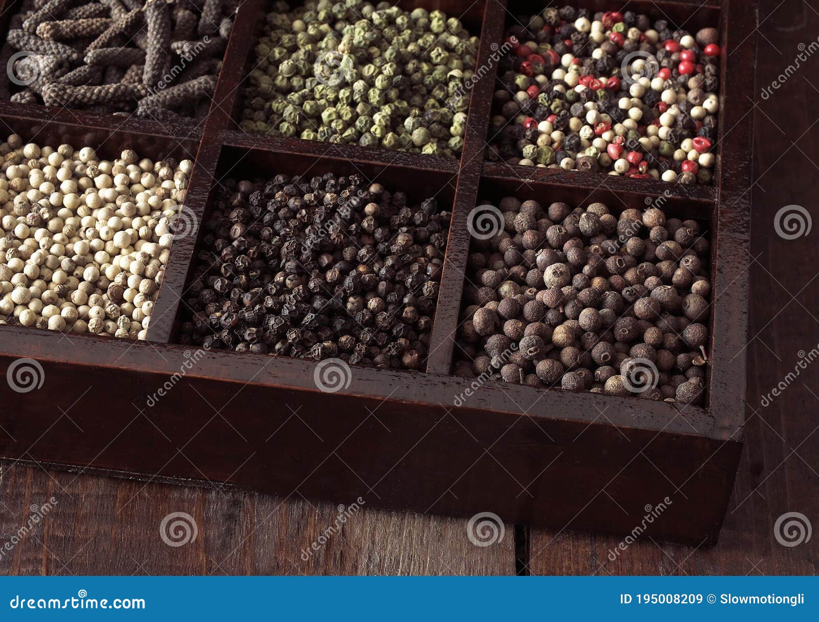 Box with White Pepper, Black Pepper, Green Pepper, Five Peppercorns