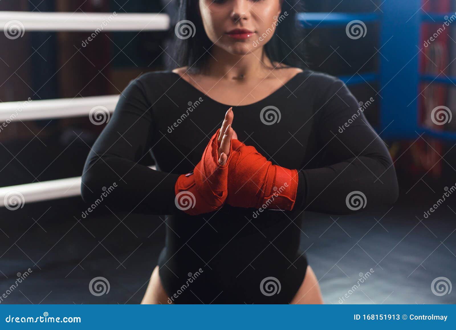 Boxer Woman Hands With Red Boxing Wraps In The Boxing Ring Close Up Shot Stock Image Image Of