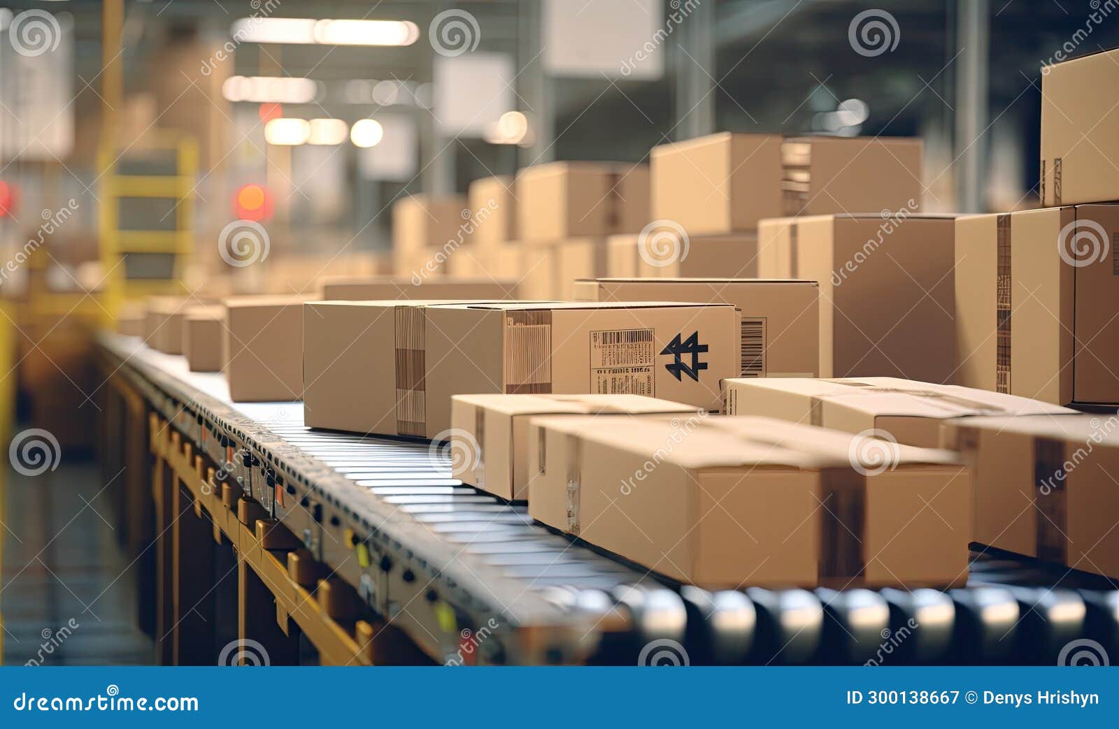 Boxes Moving Along Conveyor Belt in Warehouse Stock Illustration