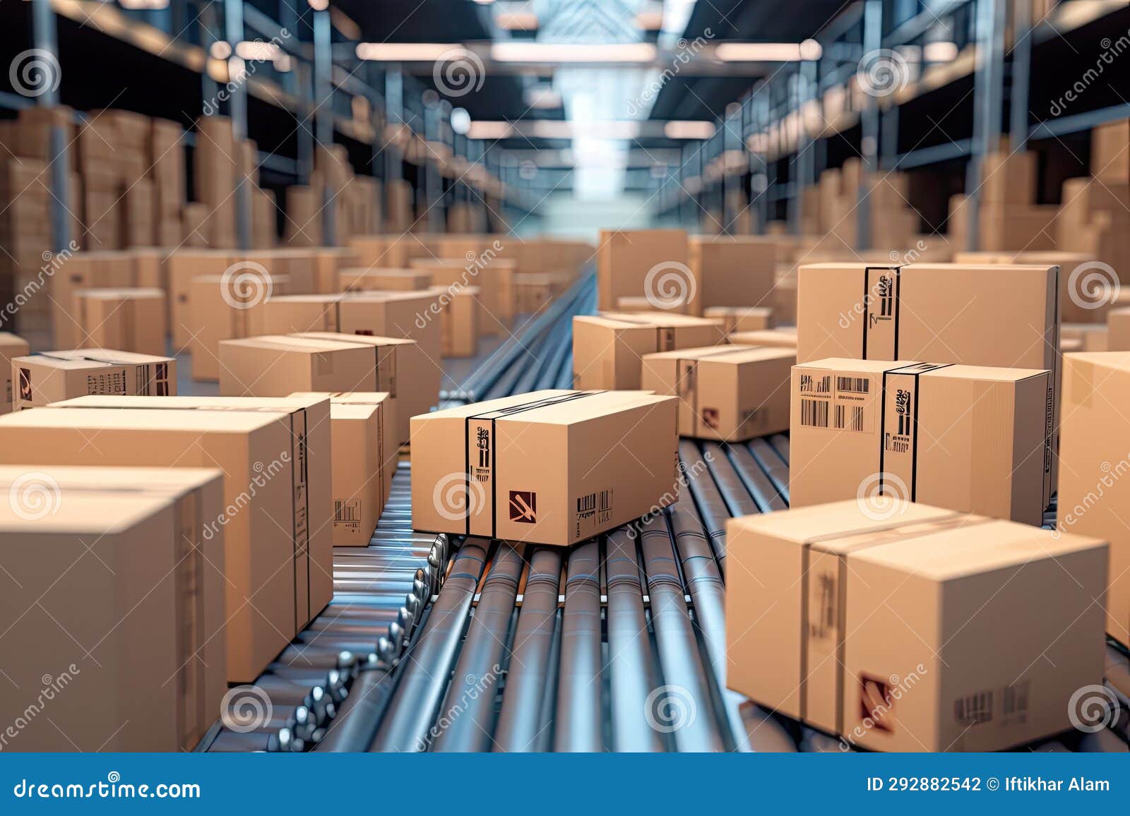 Boxes on Conveyor Belt in Warehouse. 3D Rendering. Cardboard Boxes on