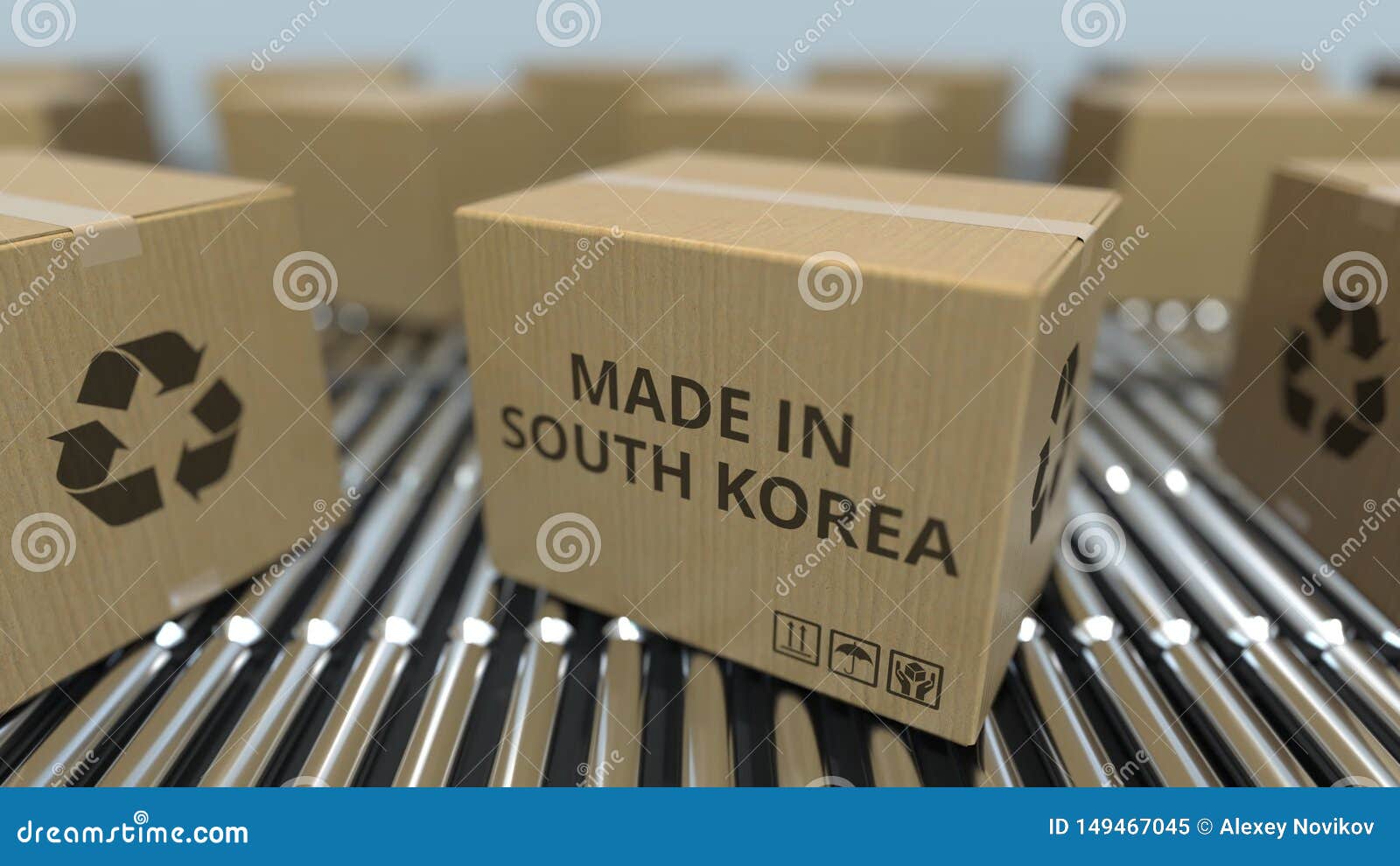 Boxes with MADE in SOUTH KOREA Text on Roller Conveyor. Korean Goods
