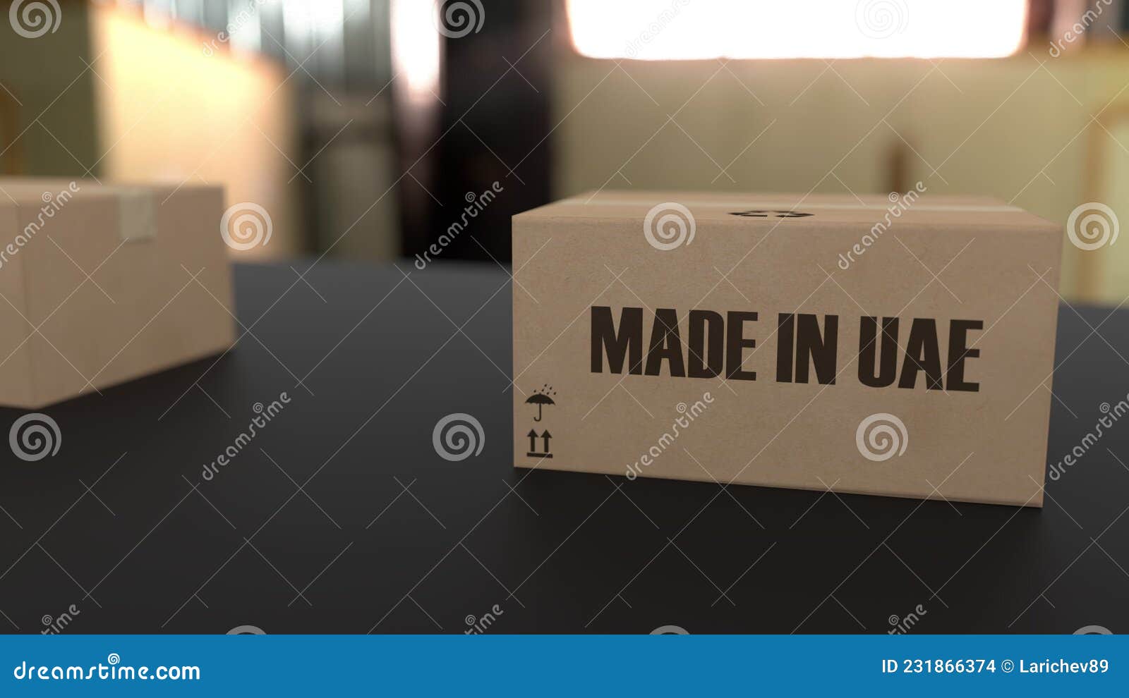 Boxes with MADE in UAE Text on Conveyor. United Arab Emirates Goods