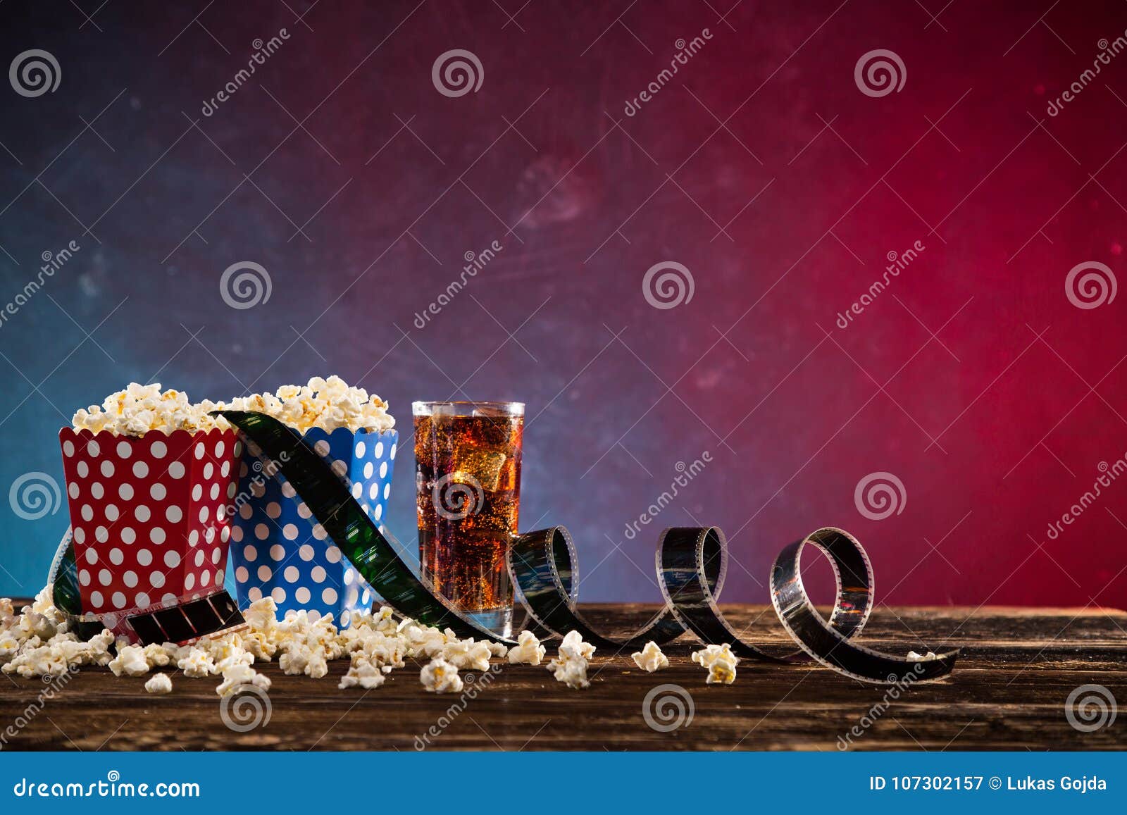 Boxes of Popcorn on Blue and Red Background. Stock Image Image of