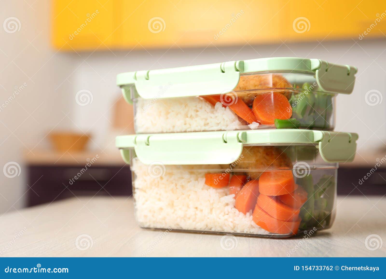 Boxes with Prepared Meals on Table Against Blurred Stock Photo Image of convenience, culinary