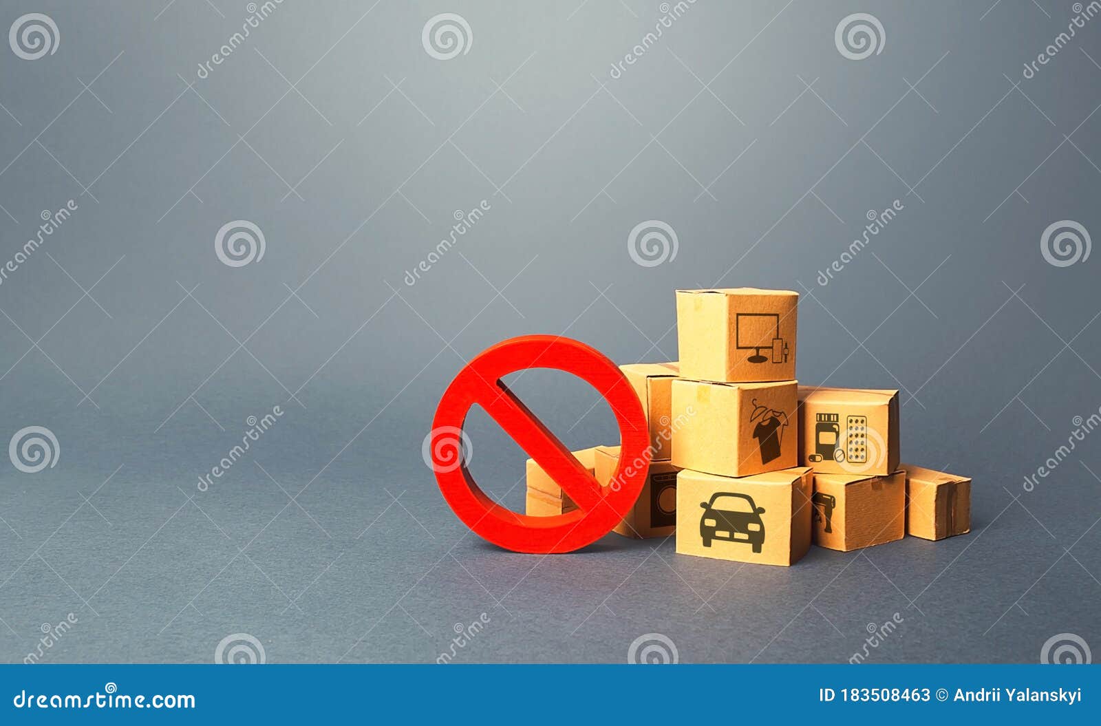 boxes and red prohibition sign no. overproduction of goods, lack of demand. sanctions and embargo. shortage of products delivery.