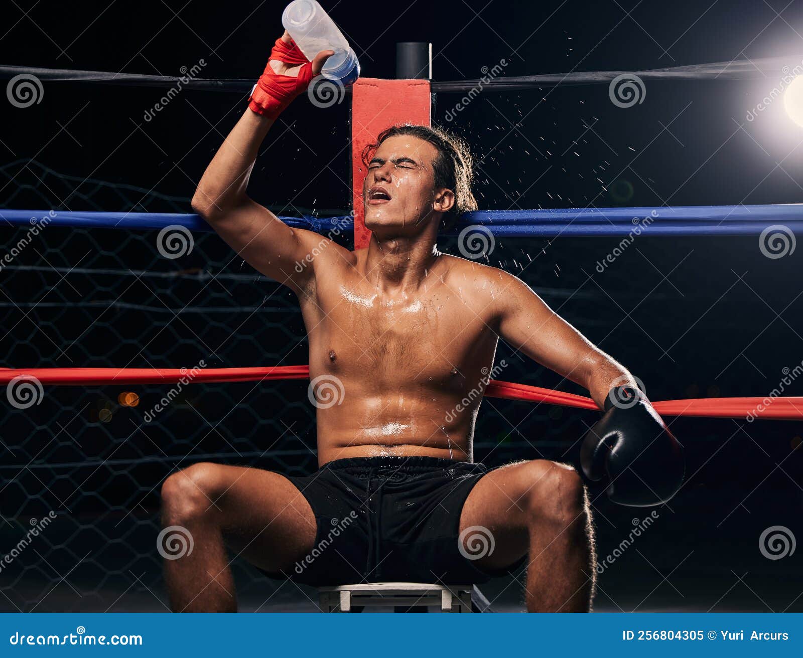 Boxing Athlete with Water Bottle, Tired after Workout, Training or