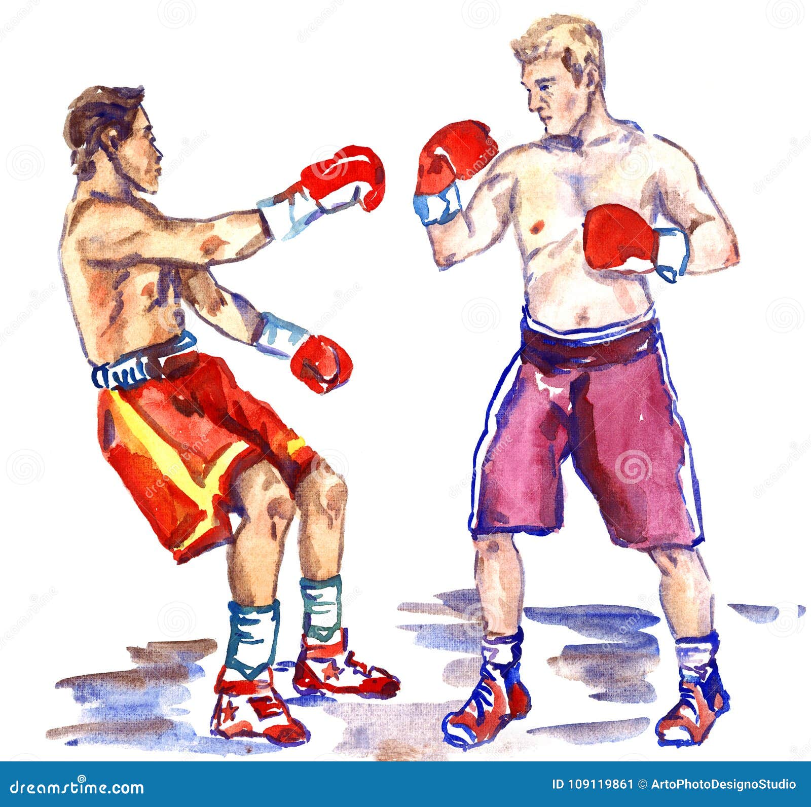 Boxing Fight, Athlete Sends in a Knockout His Opponent, Hand Painted Watercolor Illustration Stock Illustration