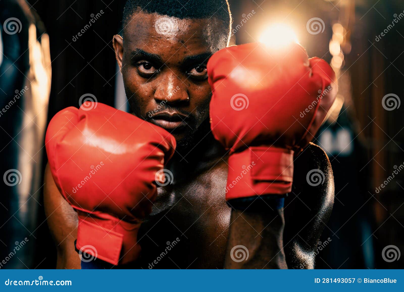 African American Black Boxer Wearing Red Glove in Defensive Guard ...