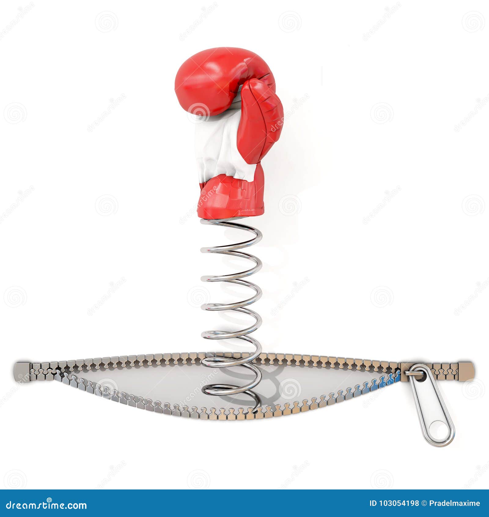 boxing glove poping out from white background through a zipper