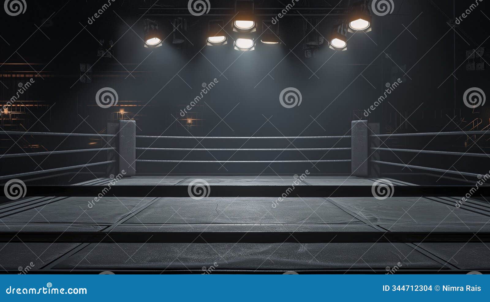 a boxing ring, with a grey floor, in a pitch black stadium, with two spotlights shining in the ring