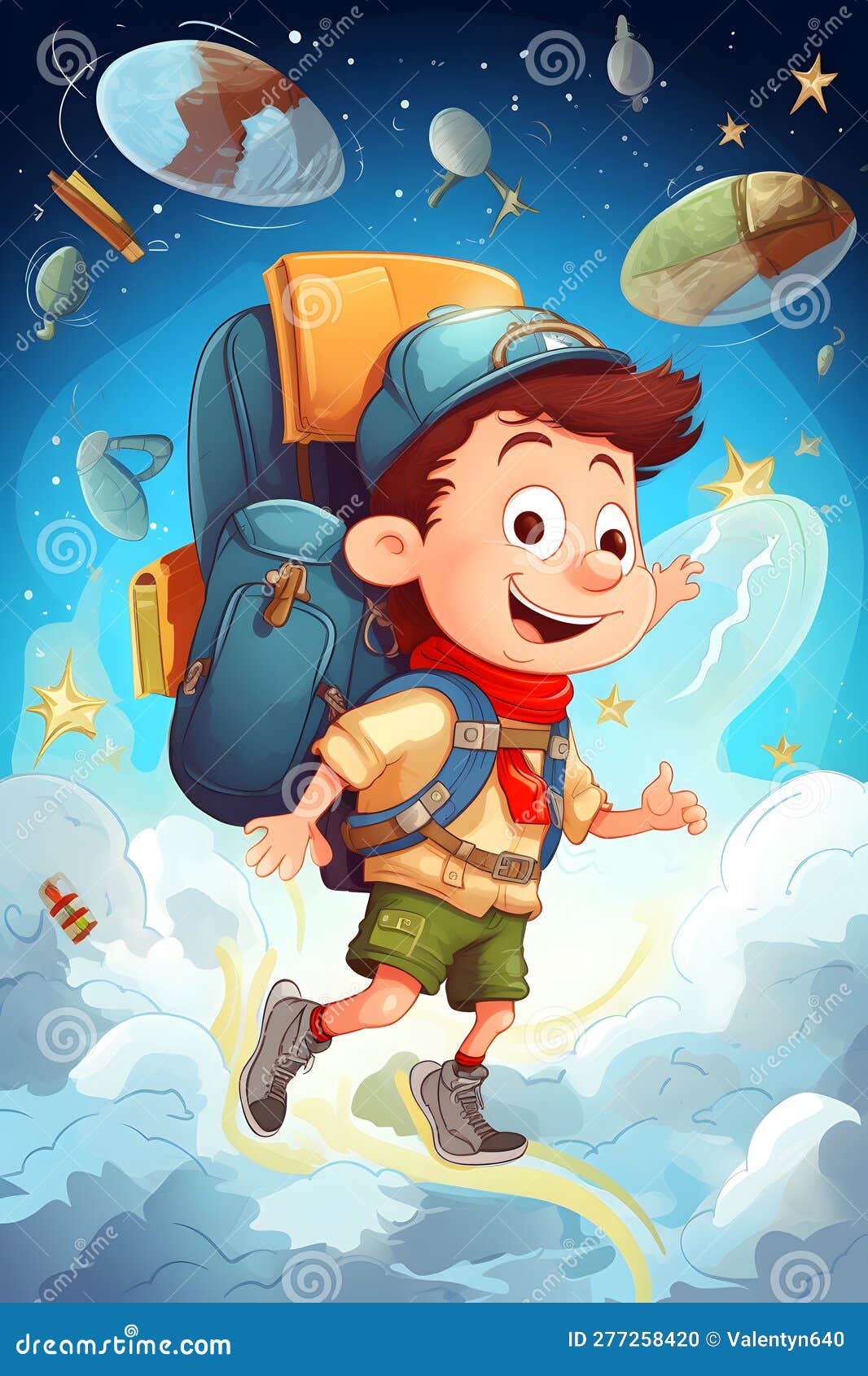 Boy with Backpack is Flying through the Sky with His Backpack on His