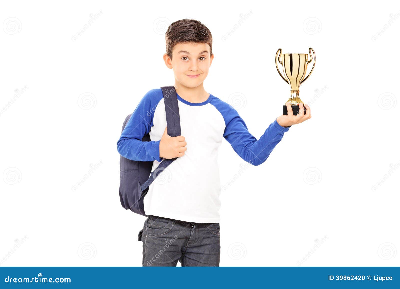 Boy with Backpack Holding a Trophy Stock Photo Image of junior
