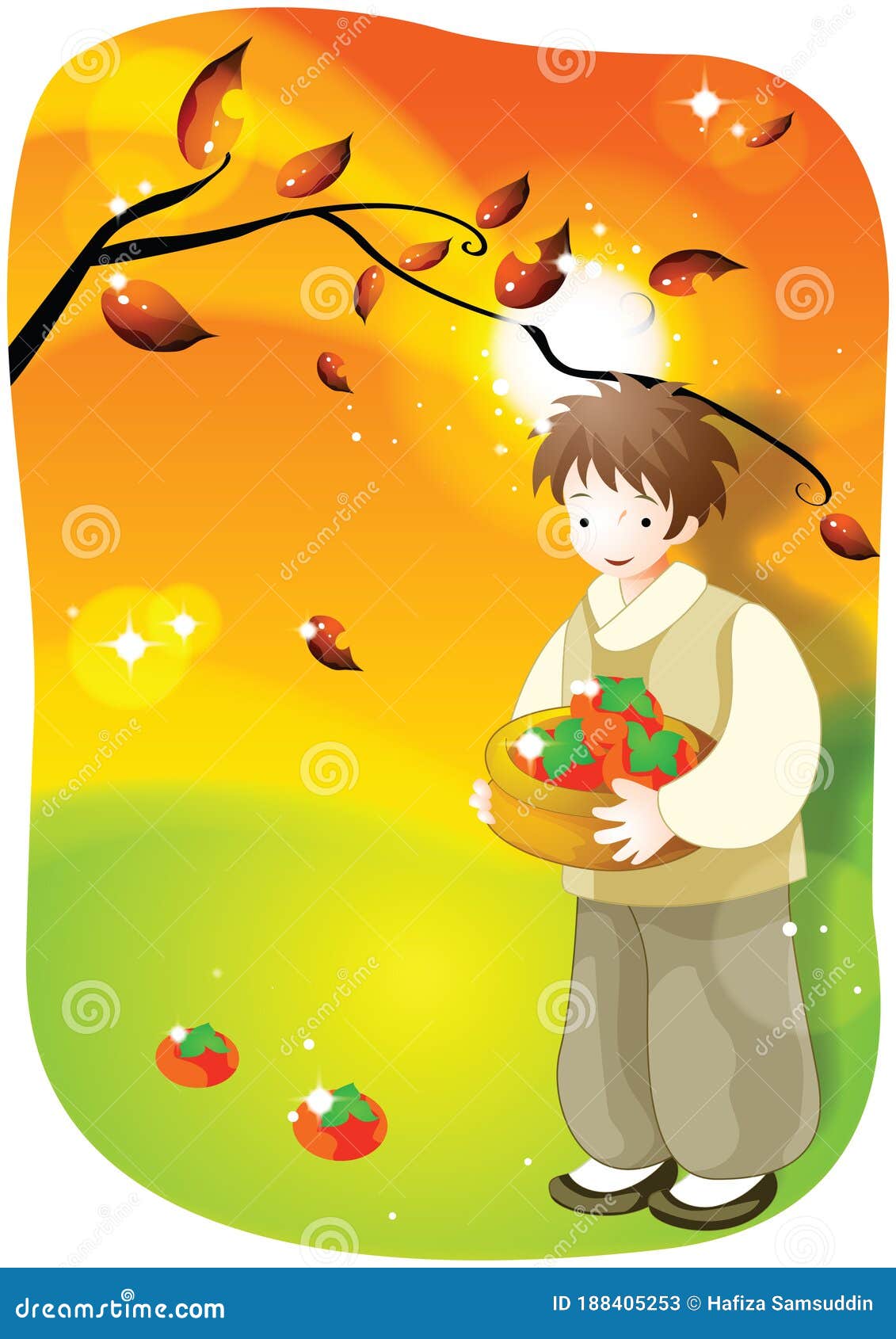Boy with a Basket of Fruits. Vector Illustration Decorative Design