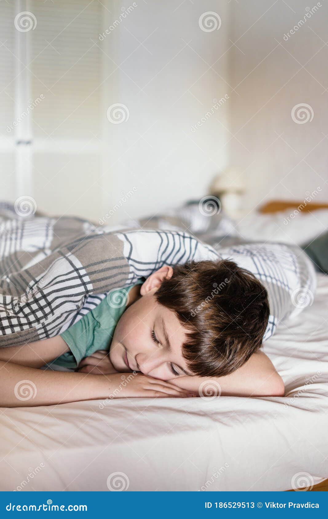 Boy in a bed stock image. Image of interior, happy, little 186529513