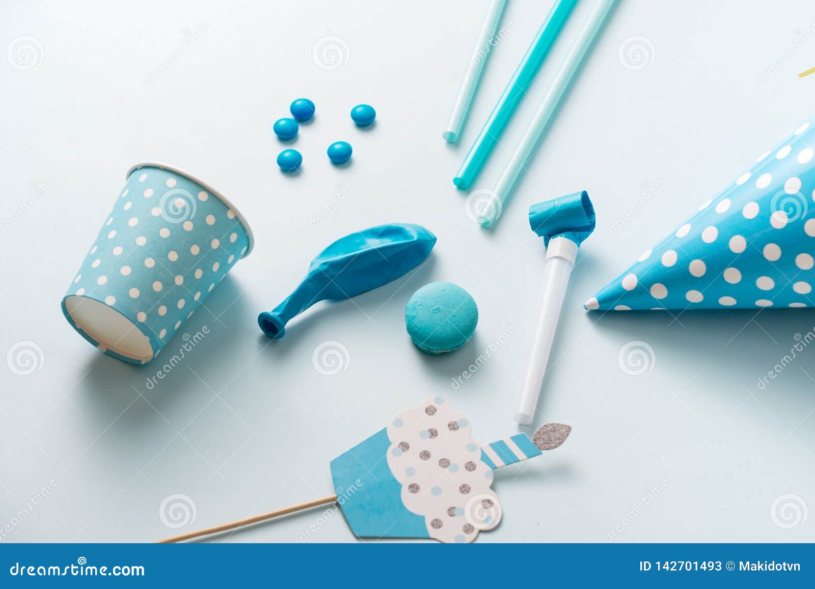 Boy Birthday  Decorations  Blue Table Setting From Above 