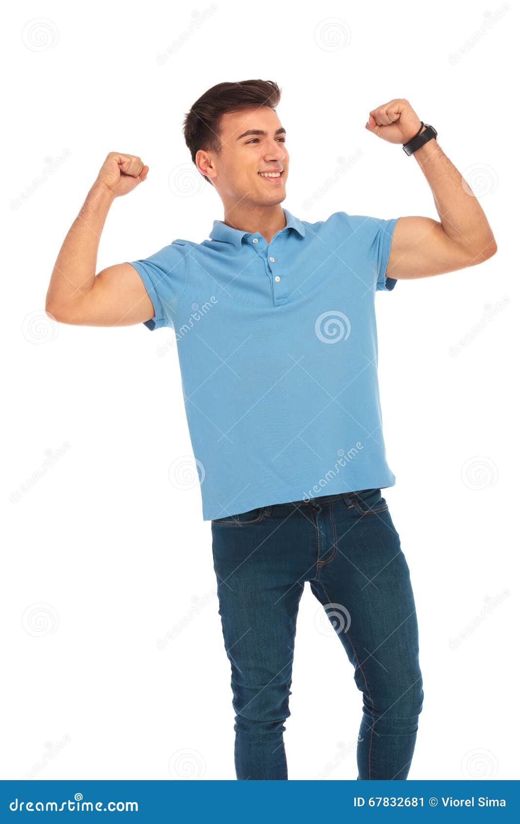 Boy in Blue Shirt Flexing and Celebrating Stock Image - Image of ...