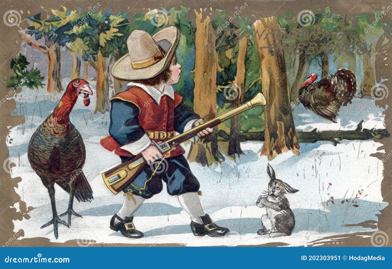 boy with blunderbuss, scared rabbit