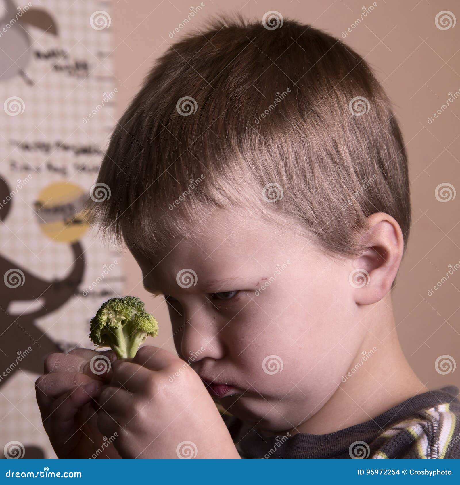 Boy with broccoli stock photo. Image of food, yuck, portrait 95972254