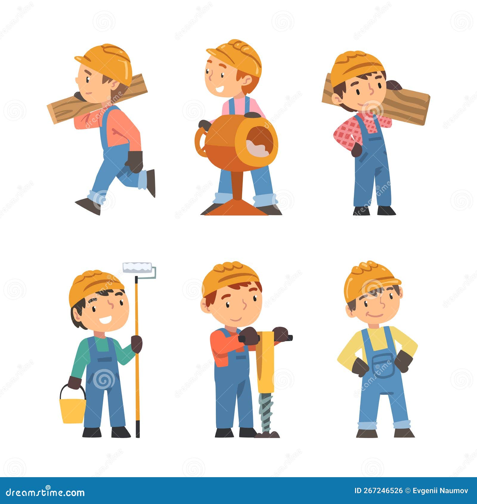 Boy Builder Character in Overall and Hard Hat Working with Construction