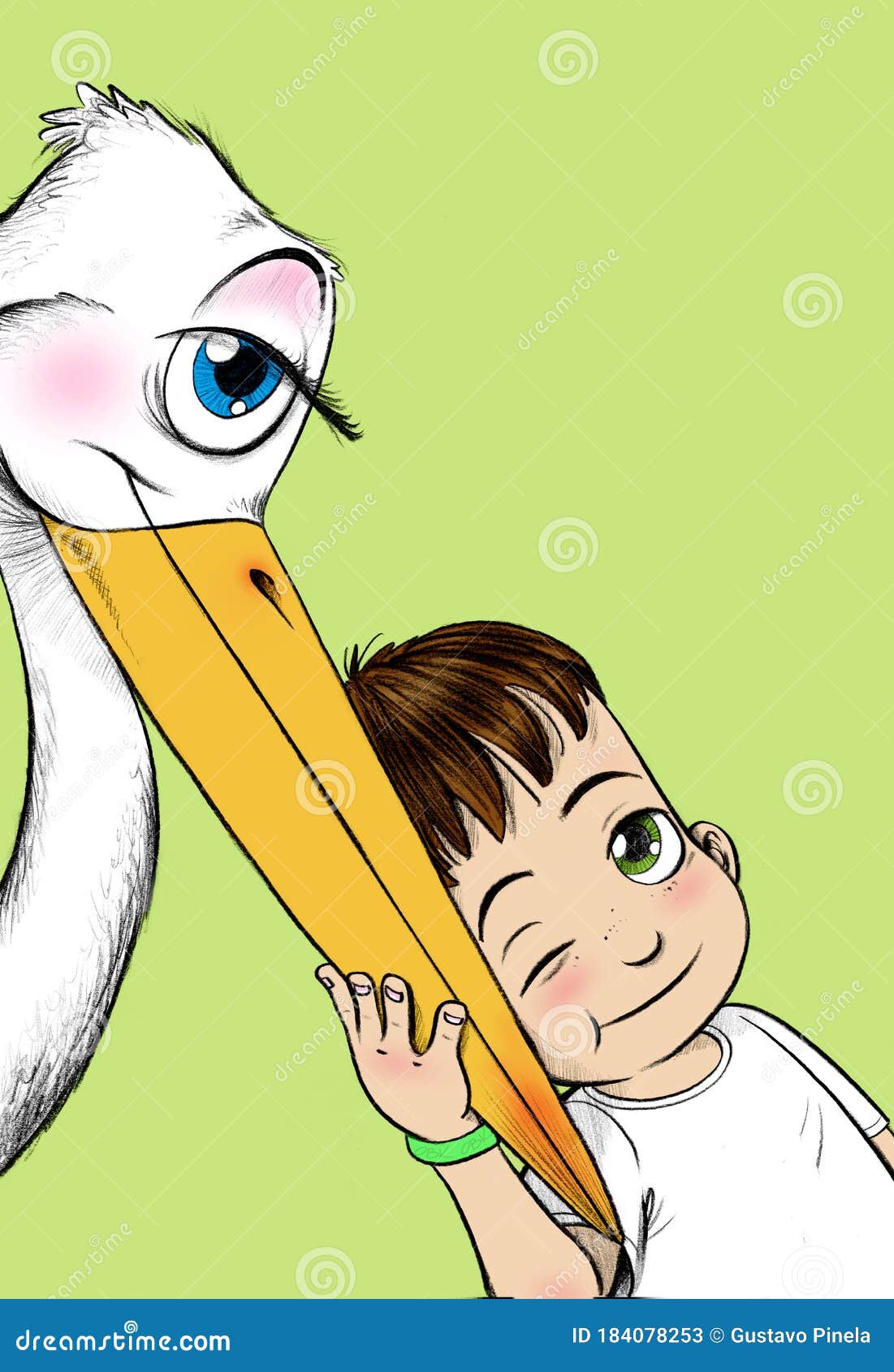 boy caresses the beak of a stork