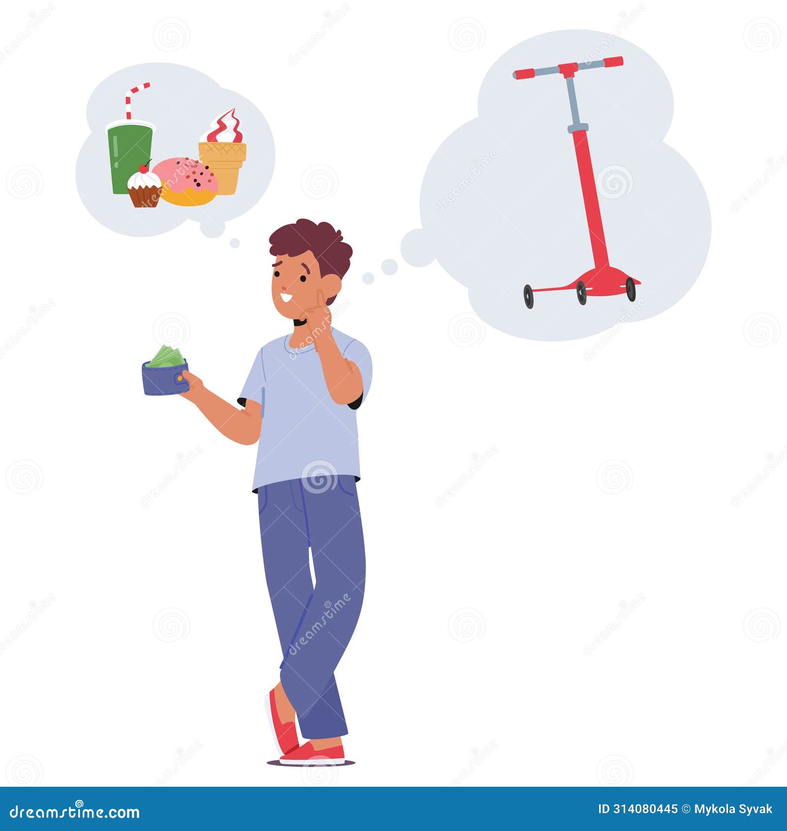 boy character deliberates on spending his money, weighing options between savings, immediate pleasures
