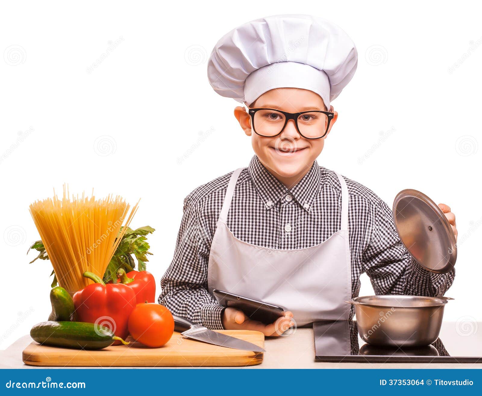 Boy Chef is Cooking in the Kitchen Stock Photo Image of child, tablet