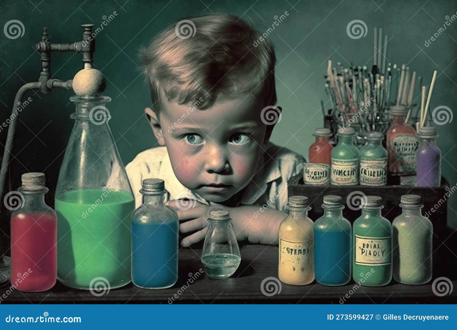 Boy with Chemistry Set, AI Generated Stock Illustration Illustration