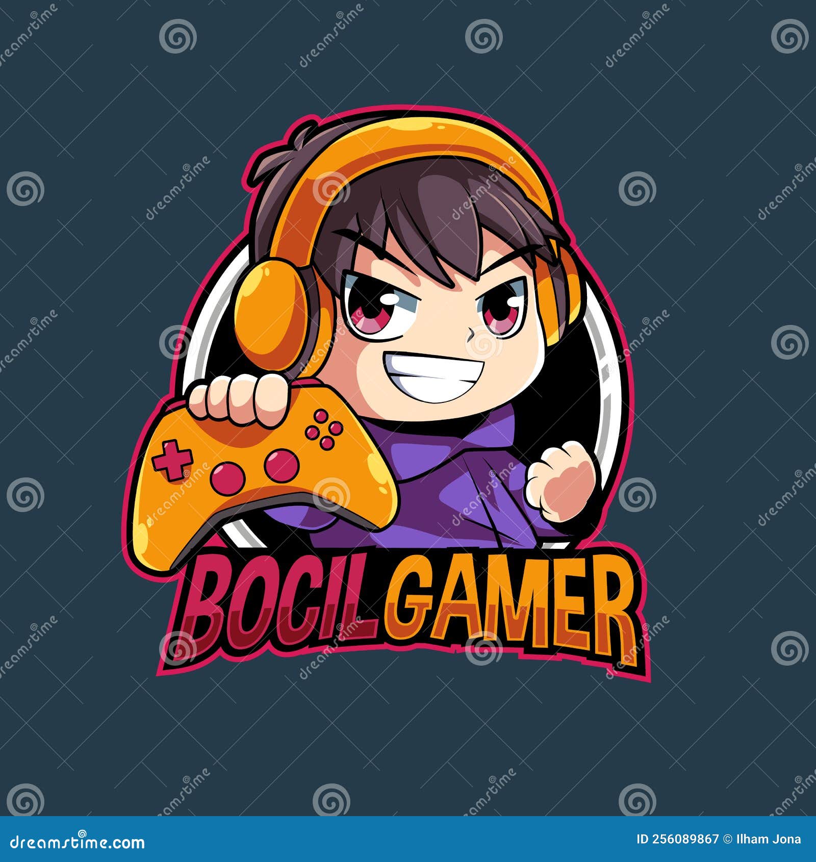 Boy Child Gamer Mascot Logo Illustration Hand Draw Stock Vector