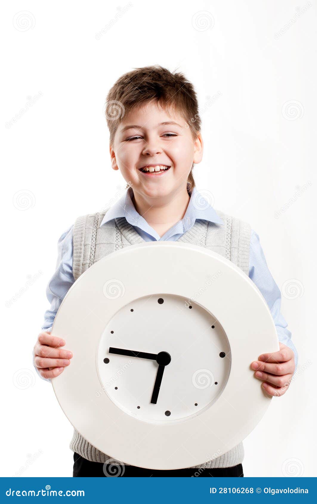 Boy with a Clock on a Light Background Stock Photo Image of blond