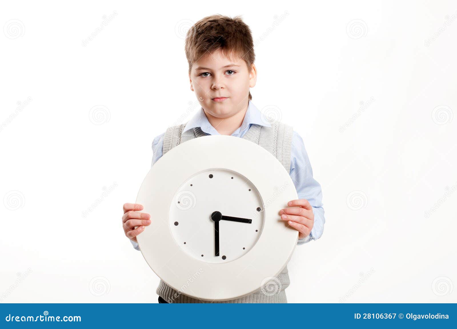 Boy With A Clock On A Light Background Stock Image Image of clock