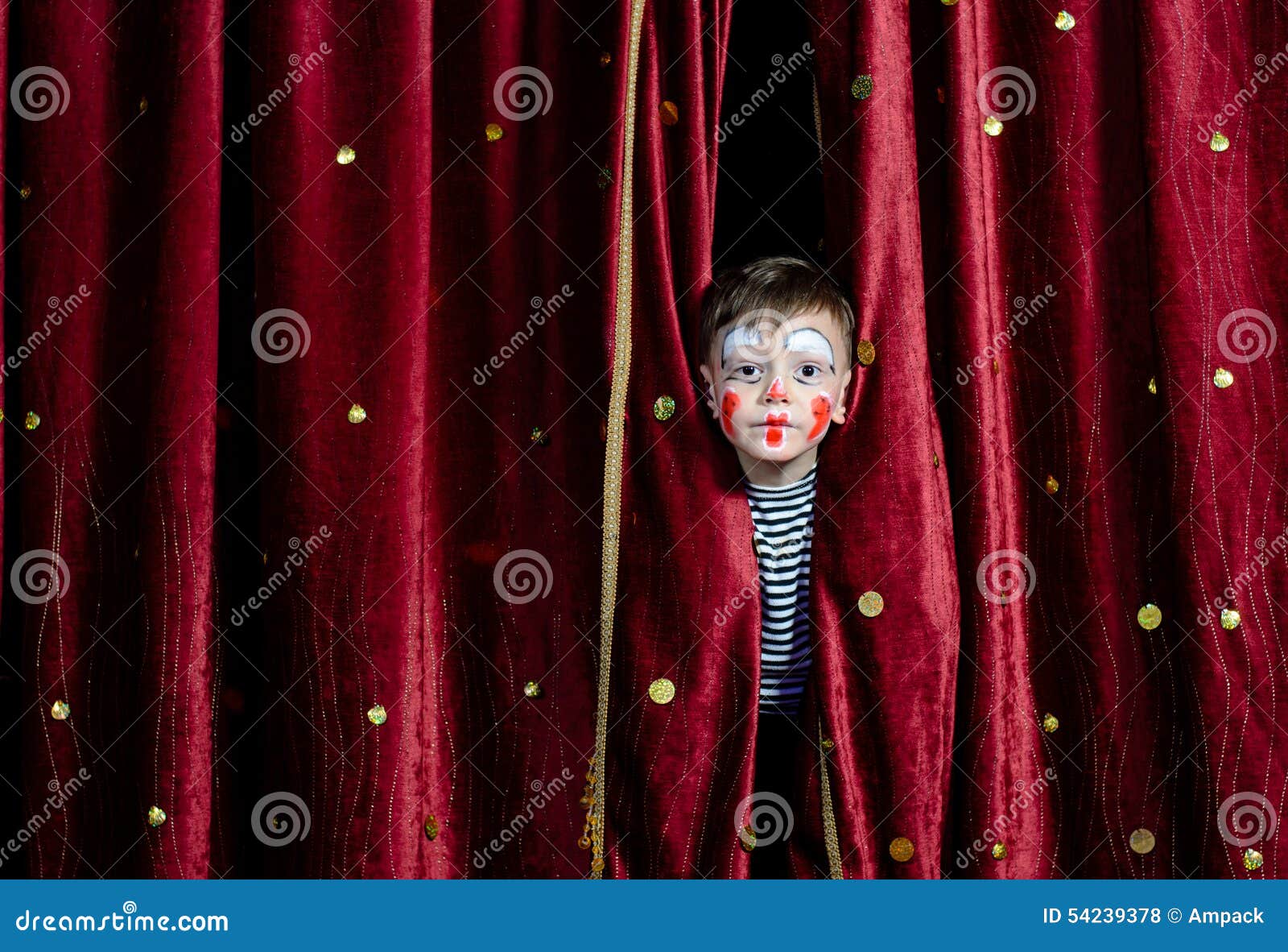 Boy Clown Peering through Stage Curtains Stock Photo - Image of ...