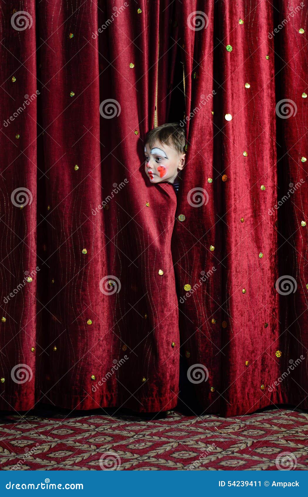 Boy Clown Peering through Stage Curtains Stock Image - Image of ...