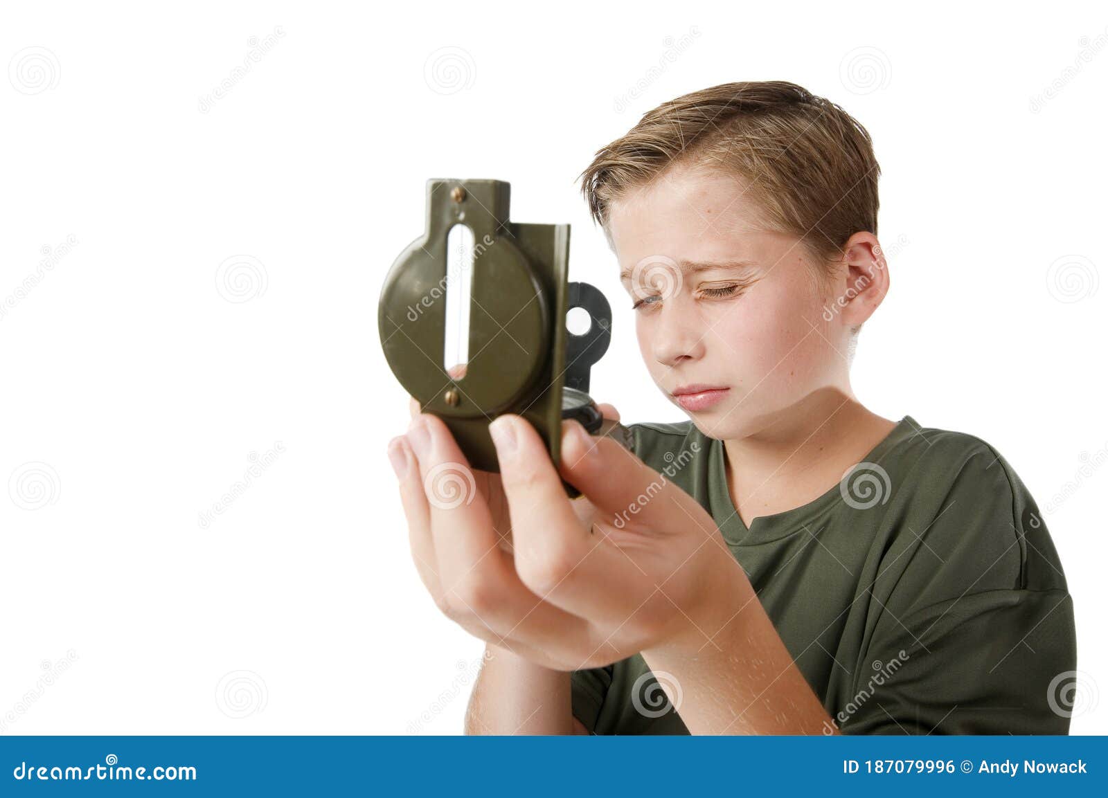 boy with compass on white background