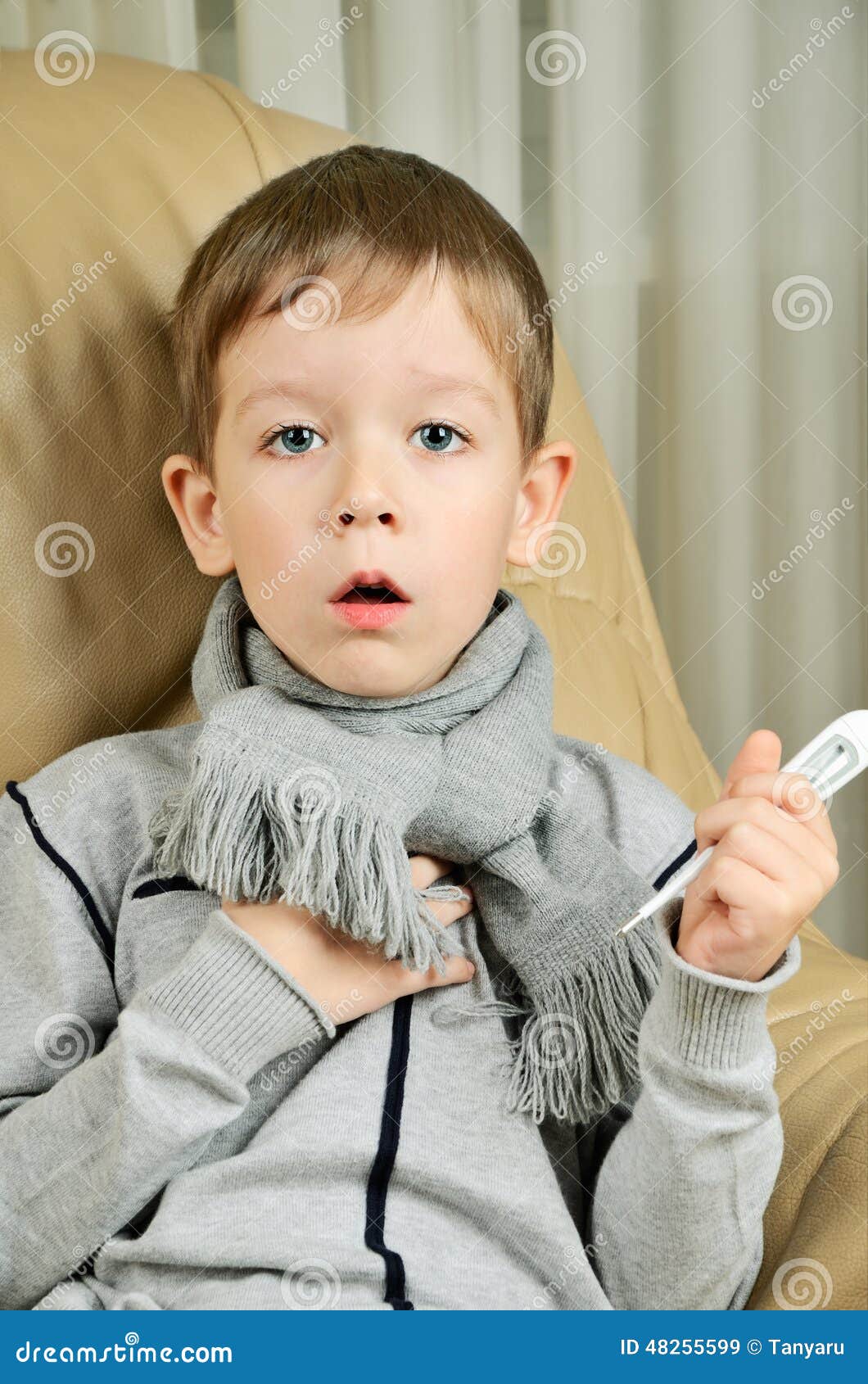 Boy Coughing and Holding a Thermometer Stock Image Image of