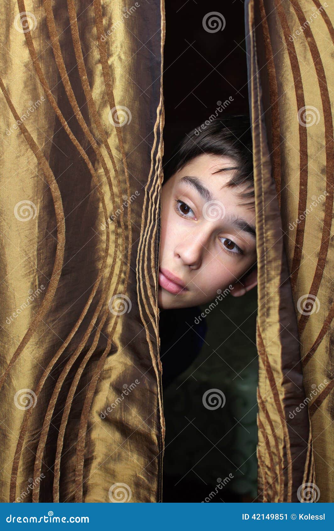 Boy and the curtain stock image. Image of speaker, stress - 42149851
