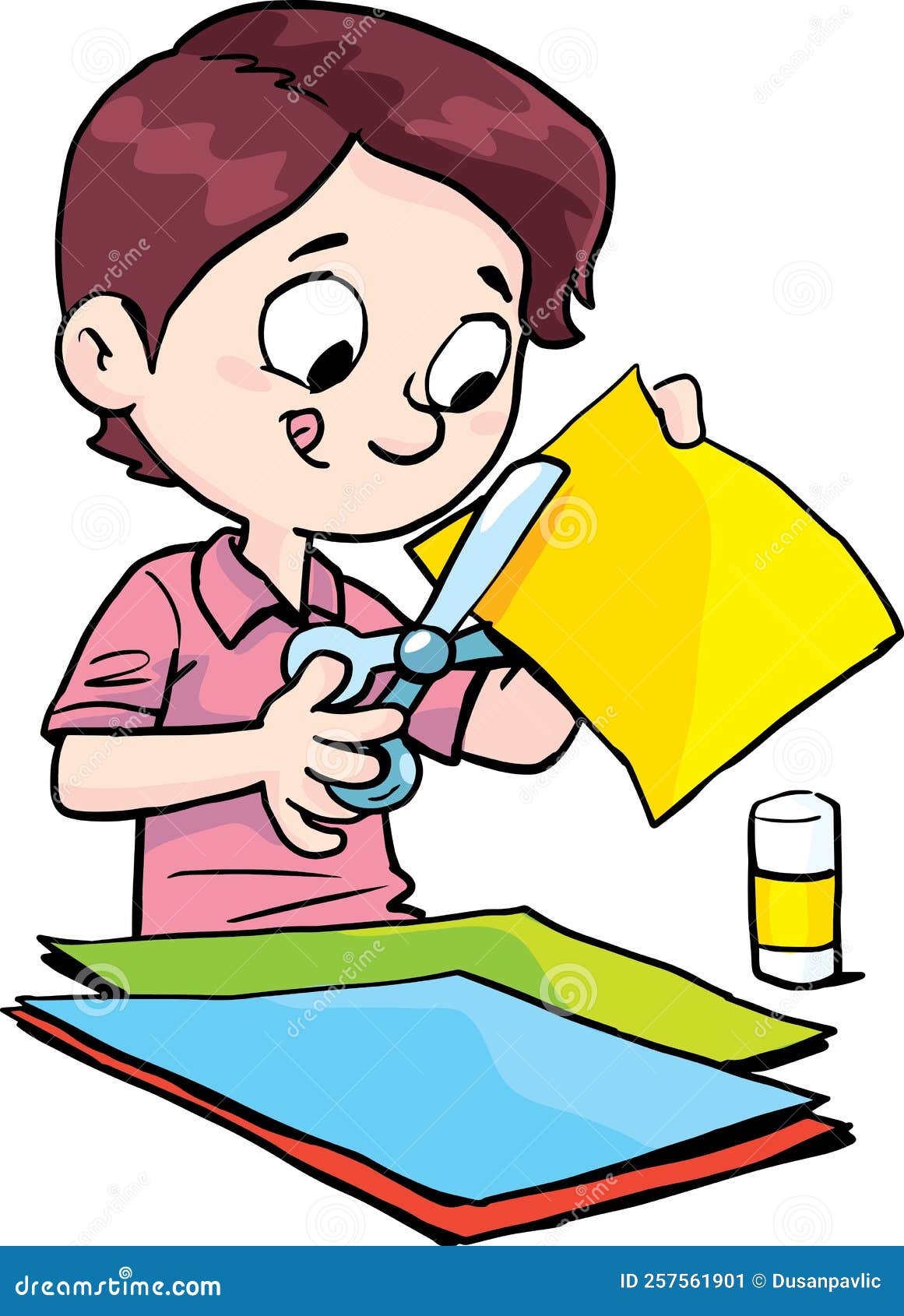 Boy Cuts Colored Papers with Scissors Stock Illustration Illustration